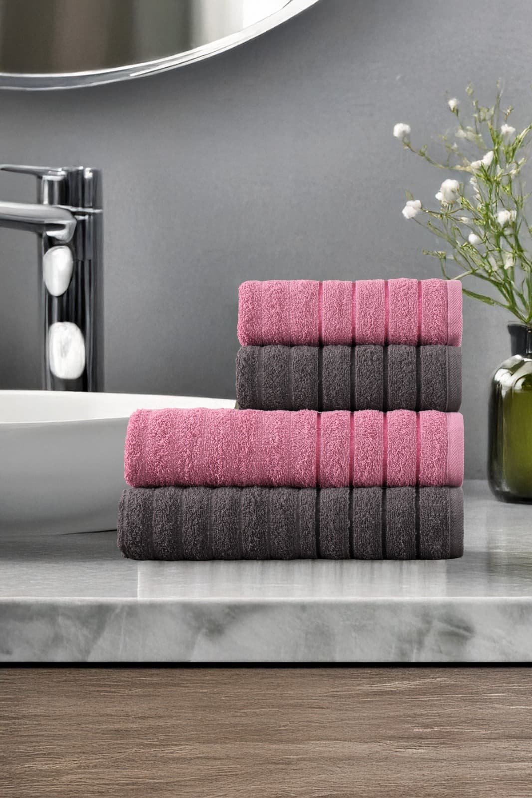 Towels - Plum/Grey -- Dalga 4pcs - 2x50x85 - 2x70x140